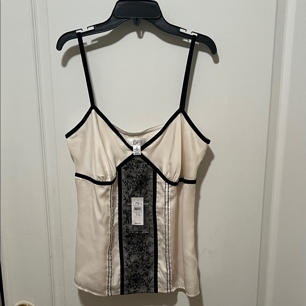 NWT ANN TAYLOR LOFT Ivory and Black Floral Camisole with sequin accents.